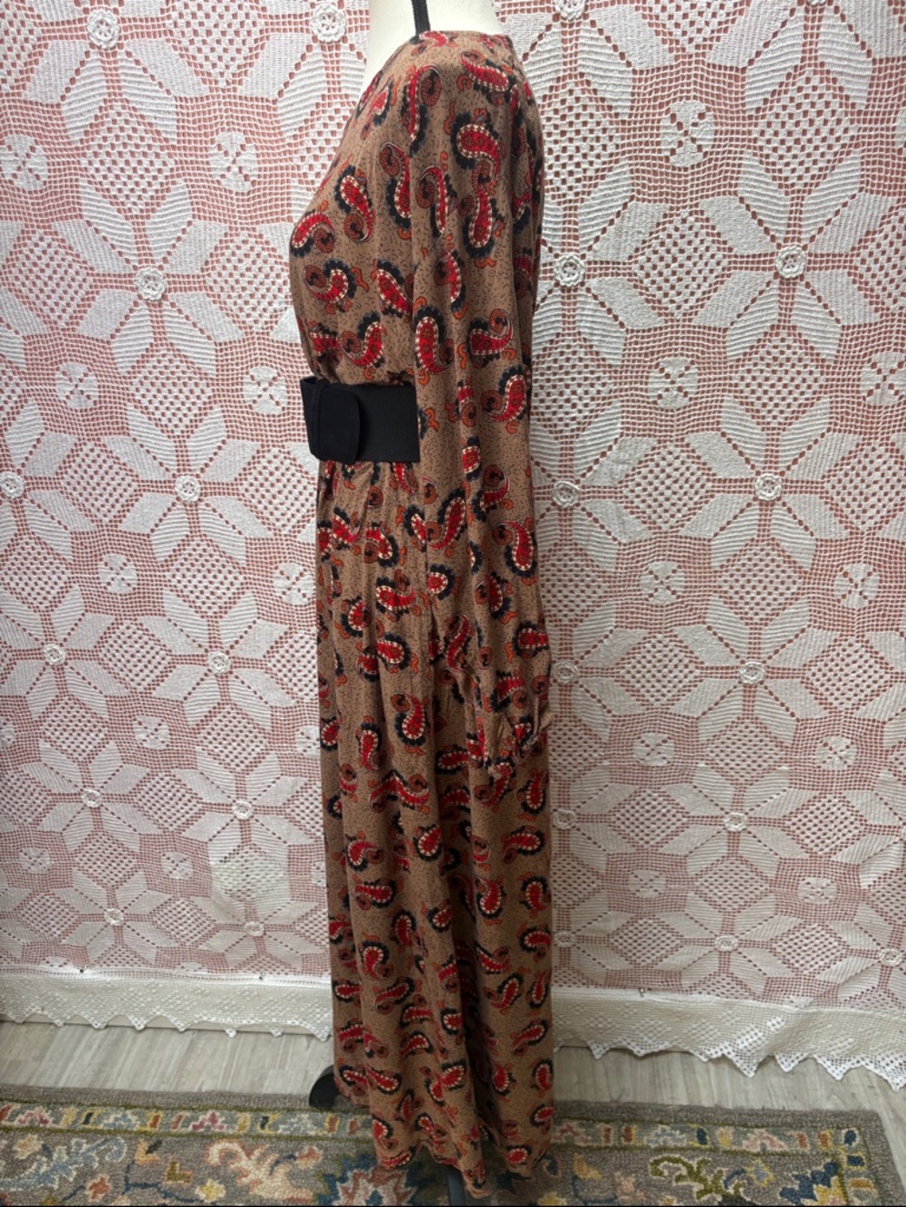 Vintage Paisley Maxi Dress Brown Red Boho Flowy One Size - Picture 6 of 10